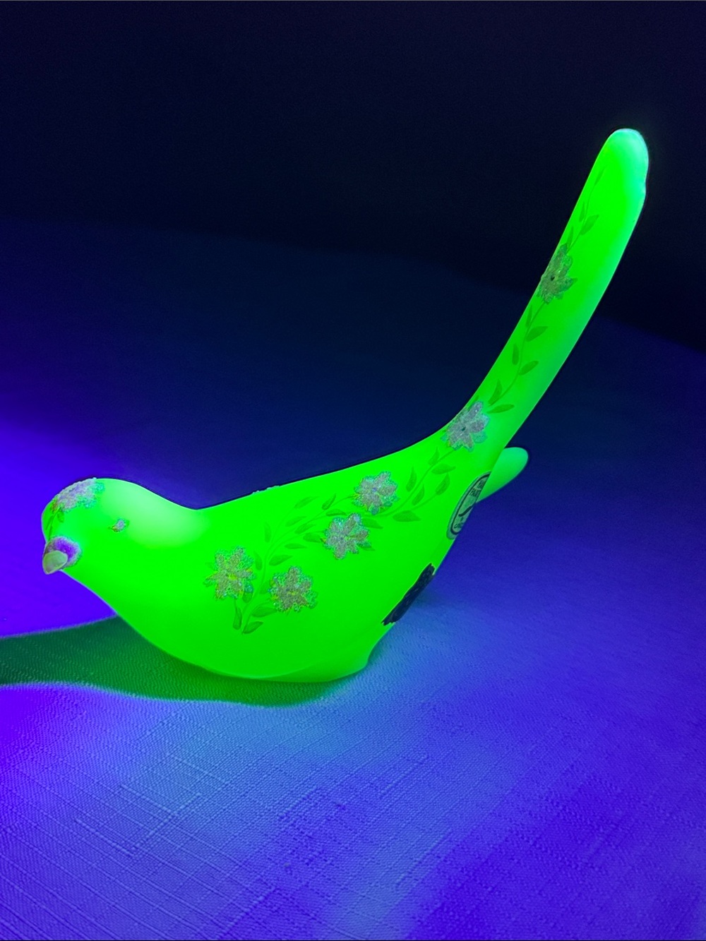 Fenton Uranium glass custard bird figure hand painted signed GLOWS Pink Floral